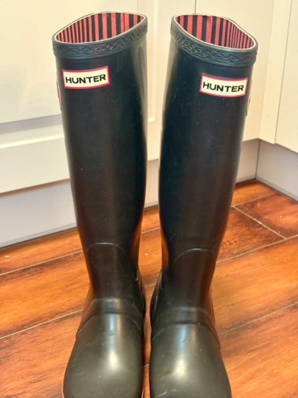 RARE Hunter Festival Tall Rain Boots Black Red Stripe Lining